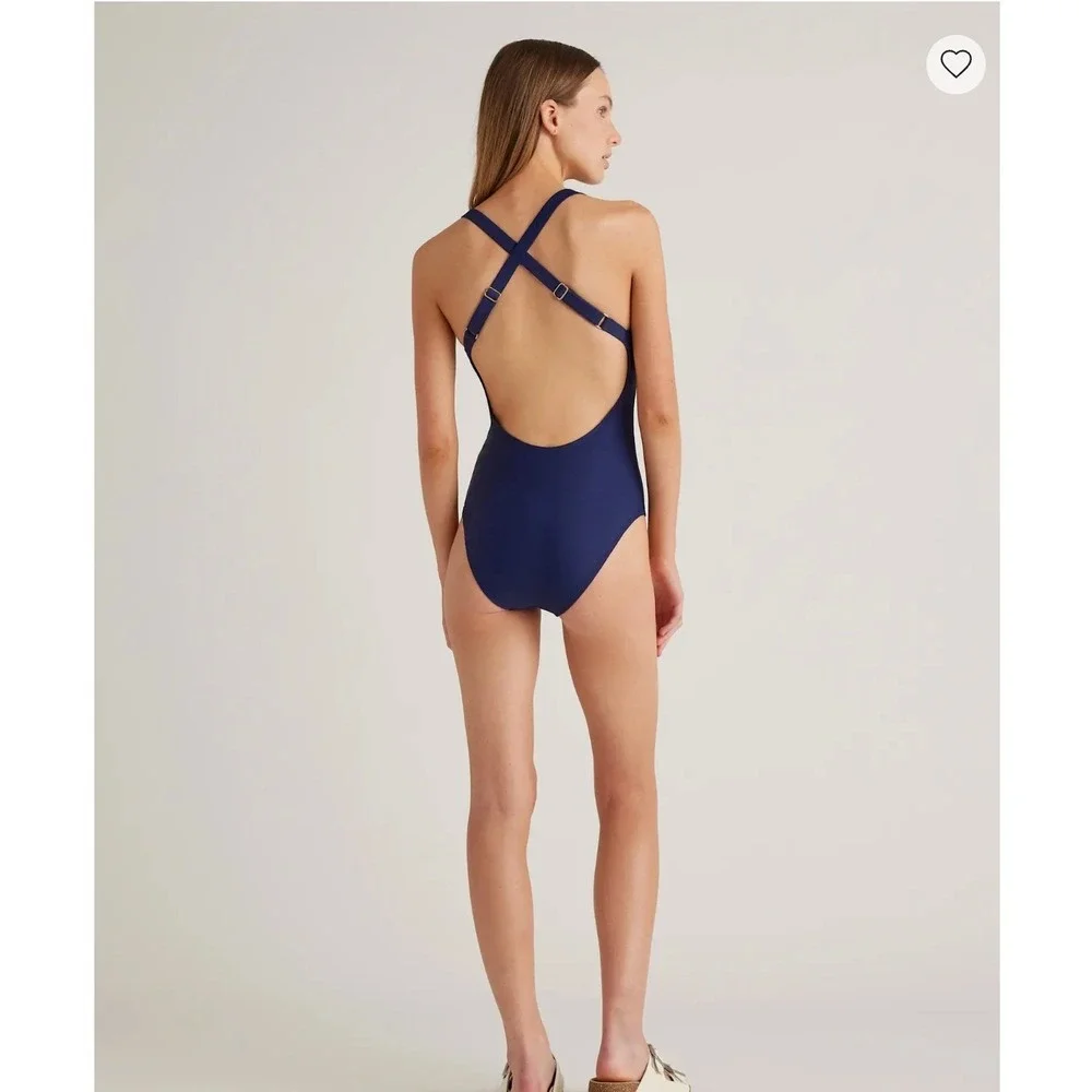 Quince Italian One-Piece Swimsuit Womens Size M Navy Blue Crossback Adjustable
